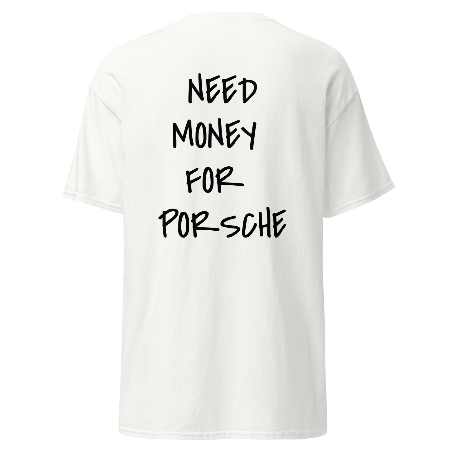 High-quality Rev Your Life TV T-shirt featuring the slogan 'Need Money for Porsche,' ideal for car enthusiasts, Porsche fans, and automotive lifestyle. Classic fit, crew neck, comfortable fabric. Available in various sizes.